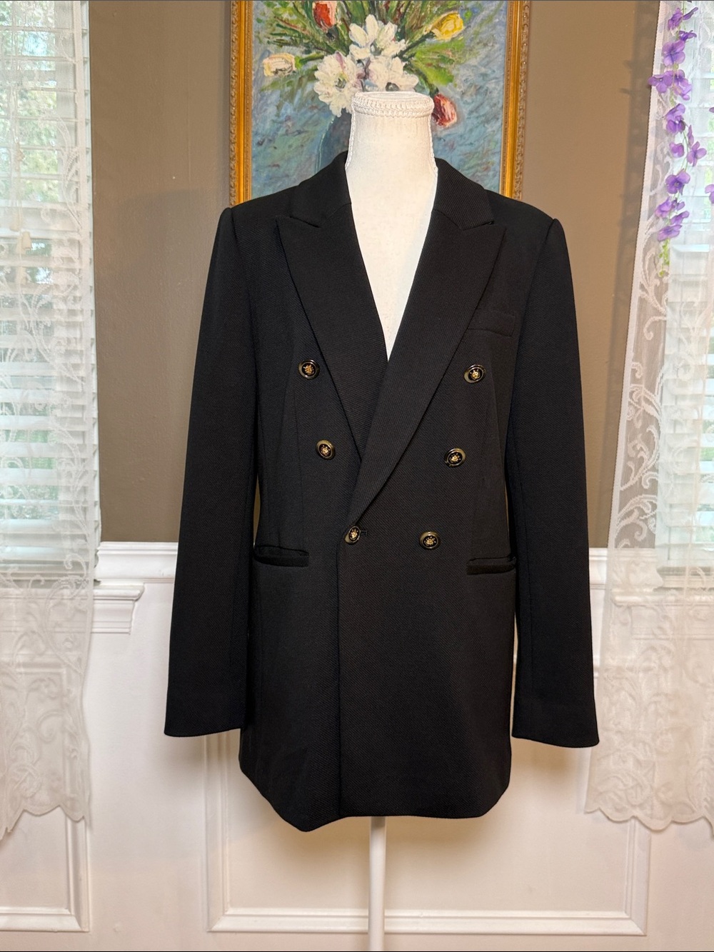LOFT Size 8 Black Longline Double Breasted Blazer Gold Crest Buttons